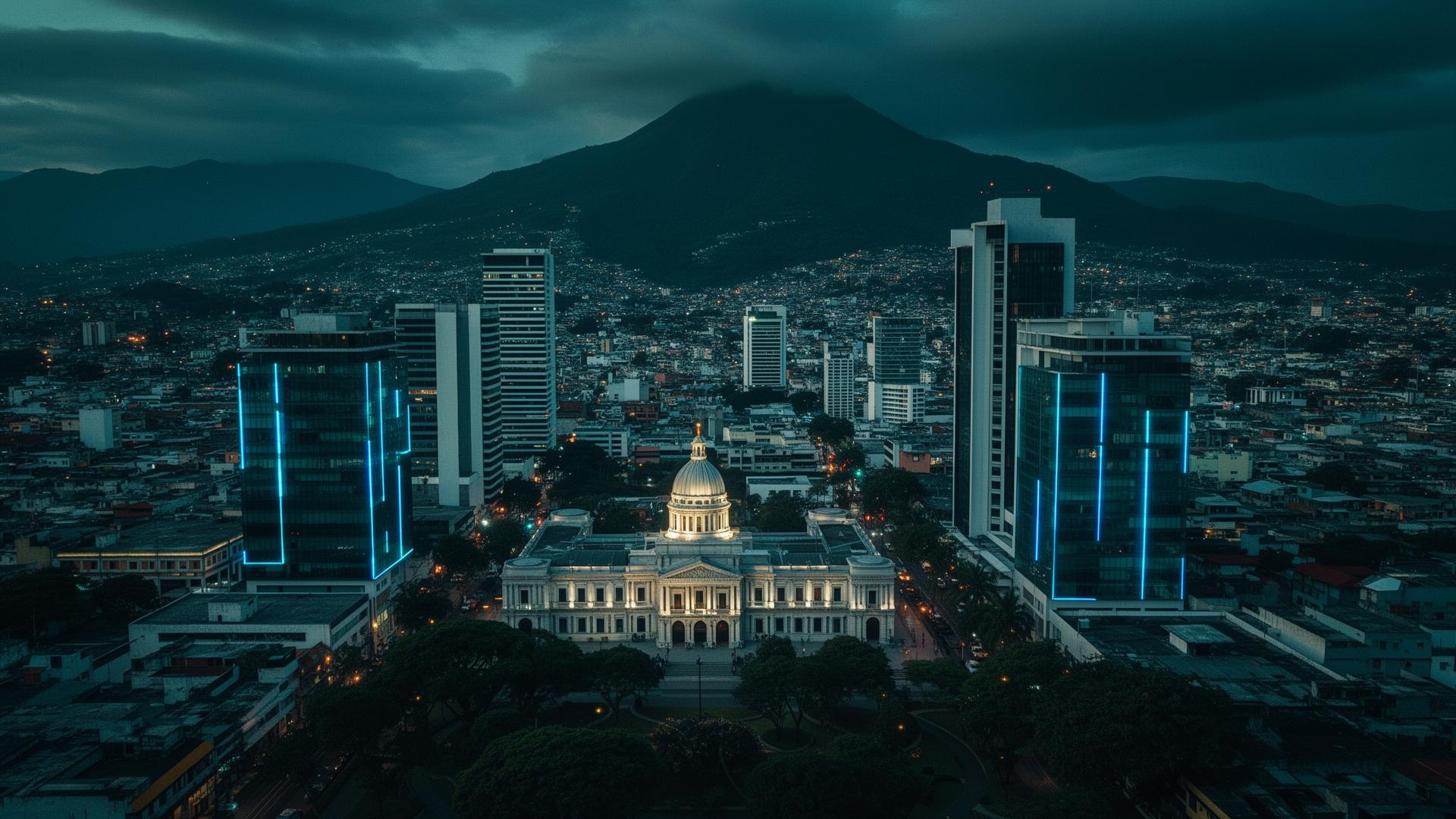 San Salvador skyline at blue hour with the Palacio Nacional